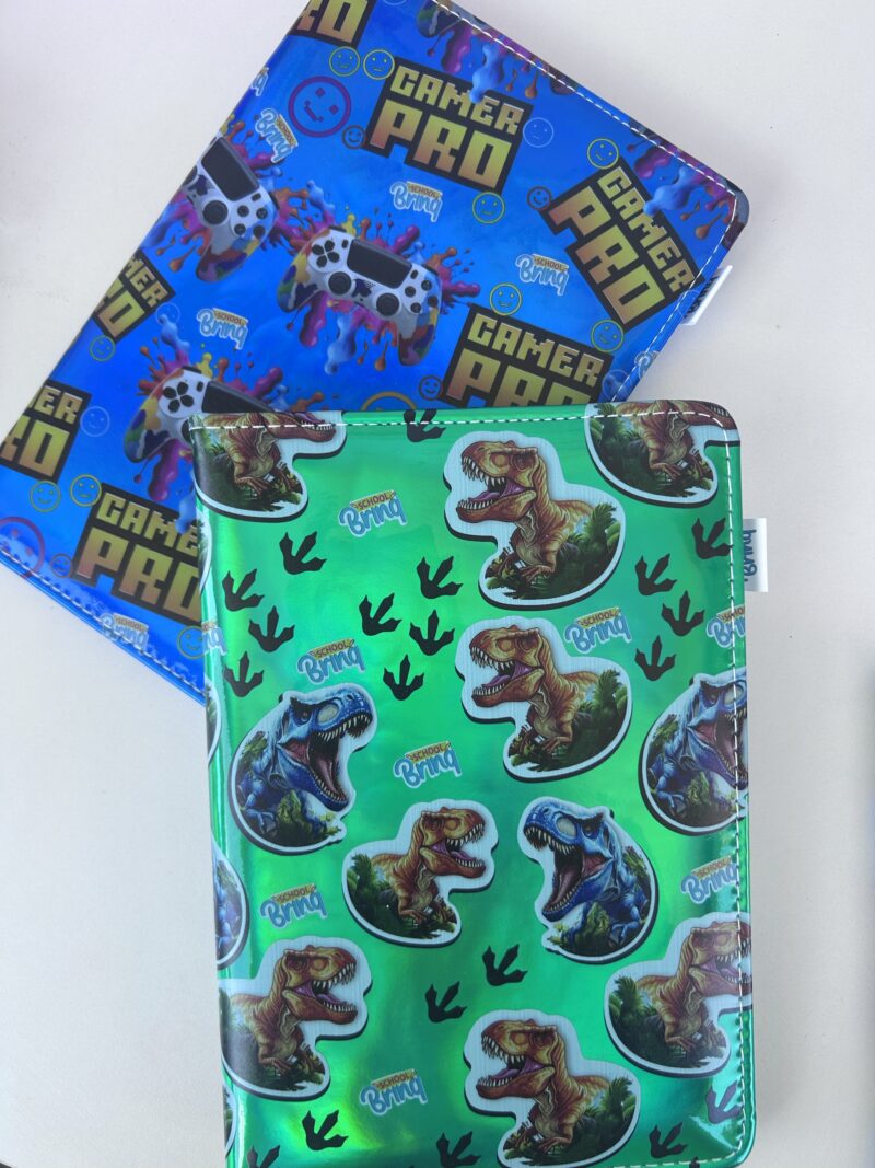 Caderno metalizado luxo dinossauro vídeo game