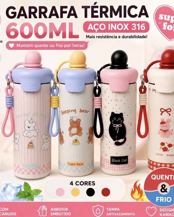 Garrafa térmica pets Kawaii 600ml